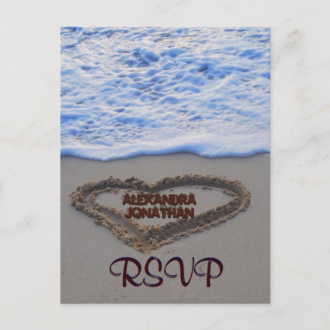 RSVP Heart in Sand at Beach Invitation Postcard (Front)
