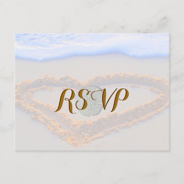 RSVP Heart in Sand at Beach Invitation Postcard (Front)