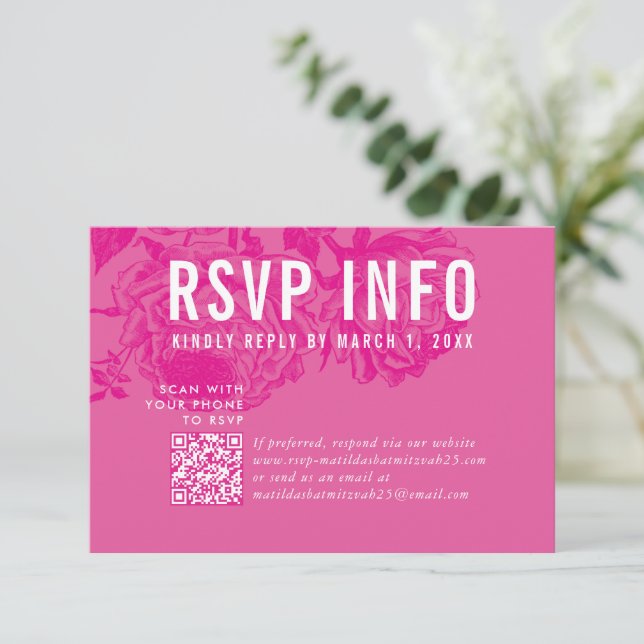 RSVP INFO CARD modern floral pretty pink qrcode (Standing Front)