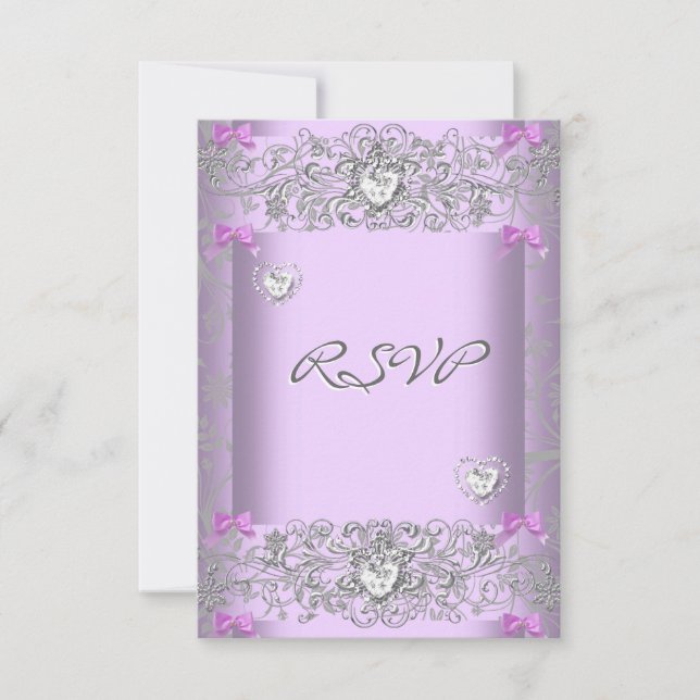 RSVP Lilac Damask Wedding White Diamond Hearts (Front)