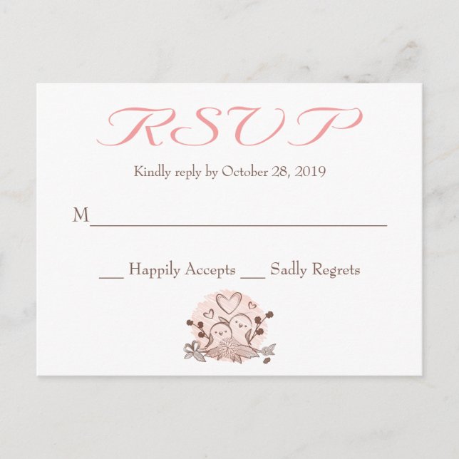 RSVP Lovebirds Pink And Brown Response Card (Front)