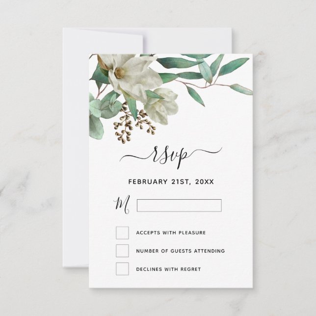 RSVP Magnolia Eucalyptus Watercolor Elegant Invitation (Front)