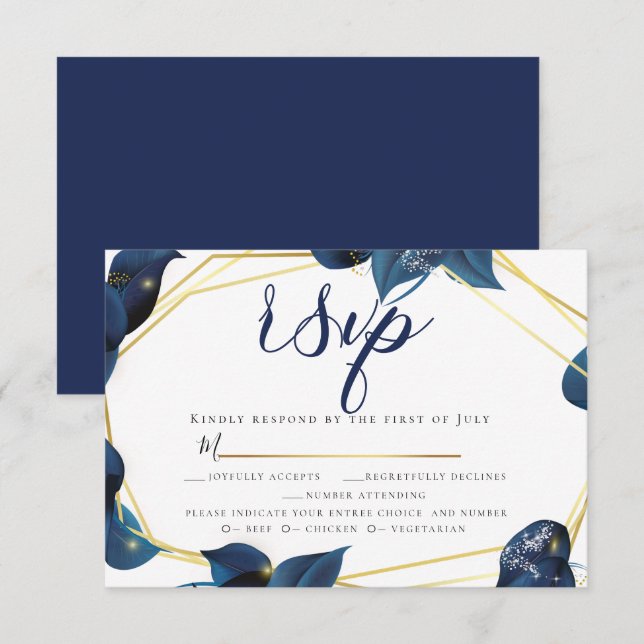 RSVP | Meal Choice Modern Deep Indigo Blue Gold Invitation (Front/Back)
