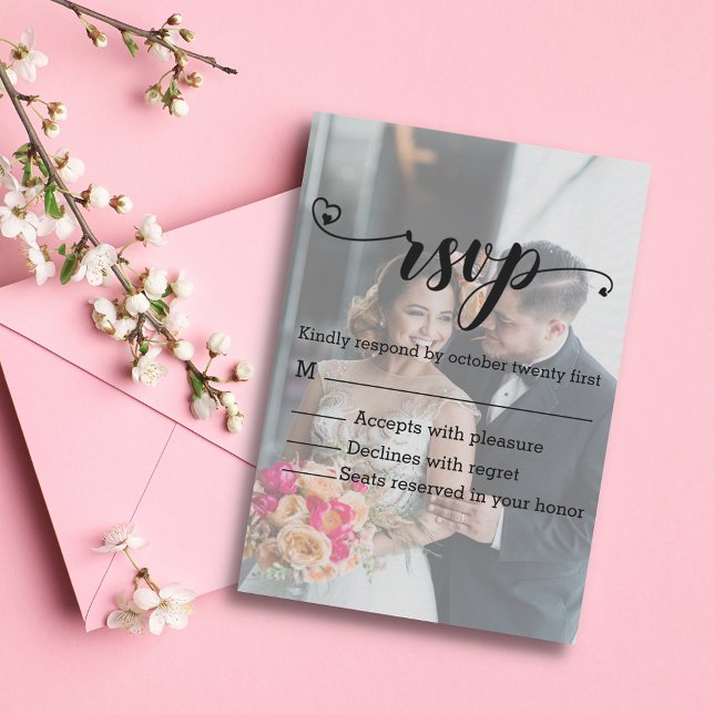 rsvp modern calligraphy wedding faded photo chic  card (Creator Uploaded)