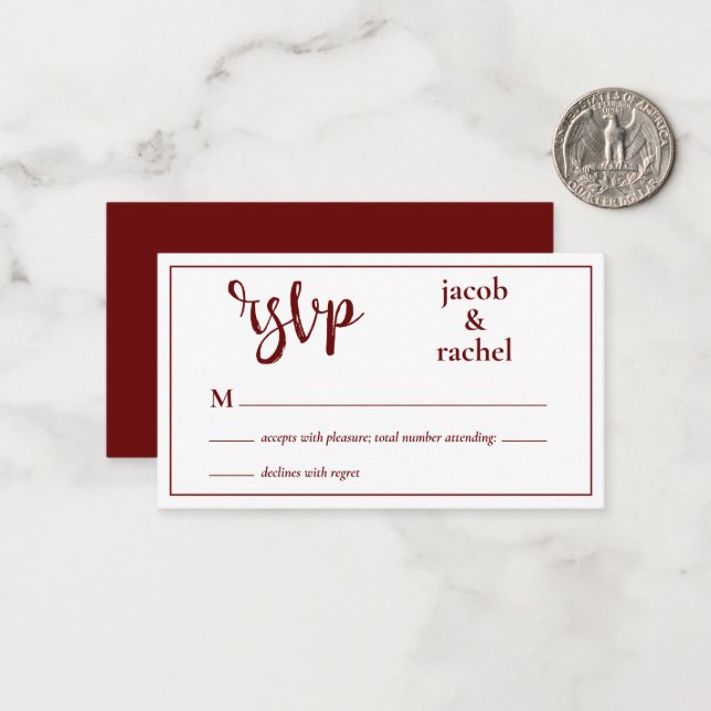 RSVP Modern Dark Red Burgundy Wedding RSVP Card (Front/Back In Situ)
