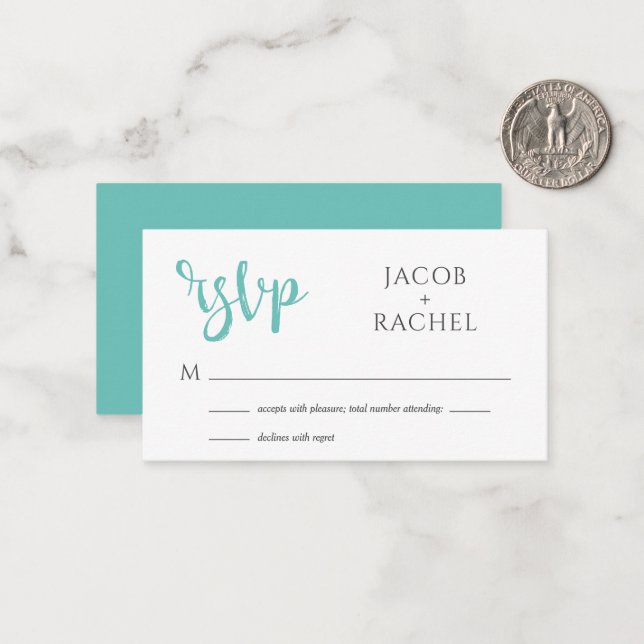 RSVP Modern Script Teal Wedding RSVP Card (Front/Back In Situ)