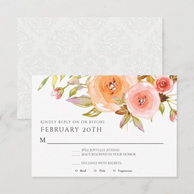 RSVP Modern Watercolor Peach Floral Damask Wedding Invitation (Front/Back)