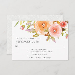 RSVP Modern Watercolor Peach Floral Damask Wedding Invitation