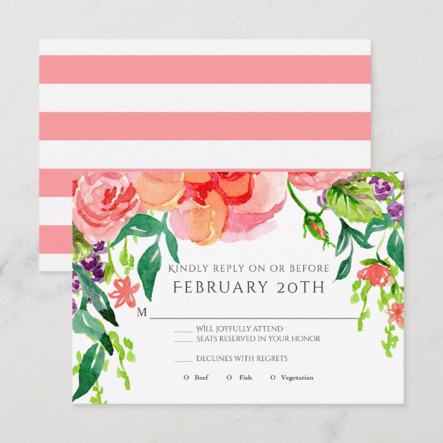 RSVP Modern Watercolor Rose Floral Striped Wedding Invitation (Front/Back)