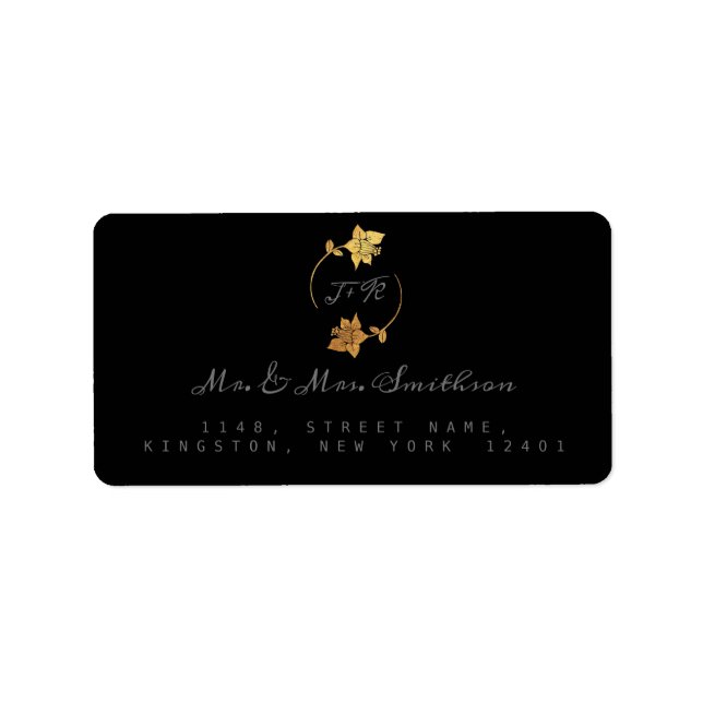RSVP Monogram Black Grey Gold Wreath Flowers Label (Front)