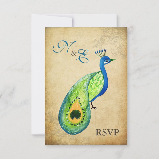RSVP Monogram Vintage Peacock Wedding Cards (Front)