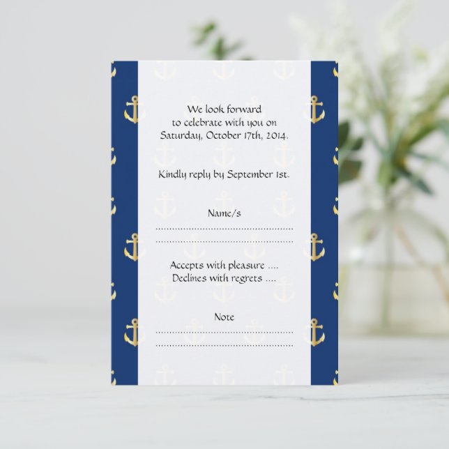 RSVP - Nautical Anchors (Boat Anchors) - Blue Gold Card (Standing Front)