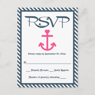 RSVP Nautical Pink Anchor Navy Blue Stripe Wedding Invitation Postcard