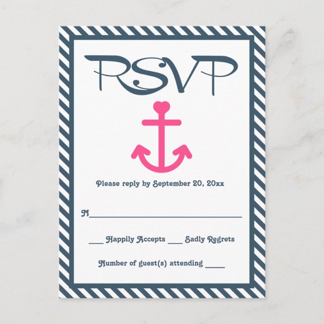 RSVP Nautical Pink Anchor Navy Blue Stripe Wedding Invitation Postcard (Front)