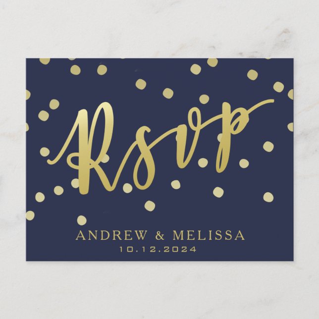 RSVP | Navy Blue & Faux Gold Script Postcard (Front)