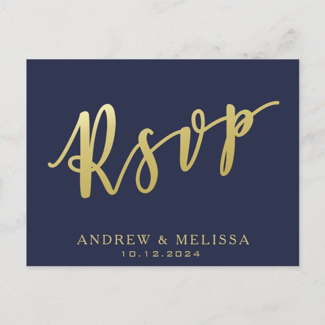 RSVP | Navy Blue & Faux Gold Script Postcard (Front)