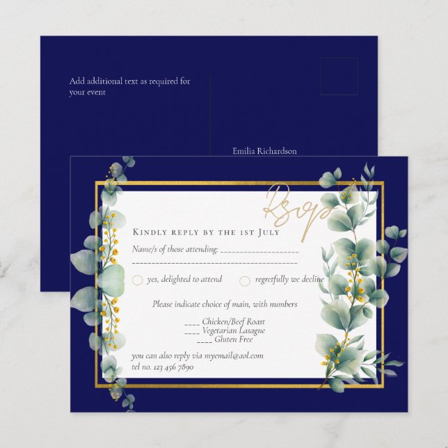RSVP NAVY BLUE GOLD Greenery Eucalyptus Wedding Postcard (Front/Back)