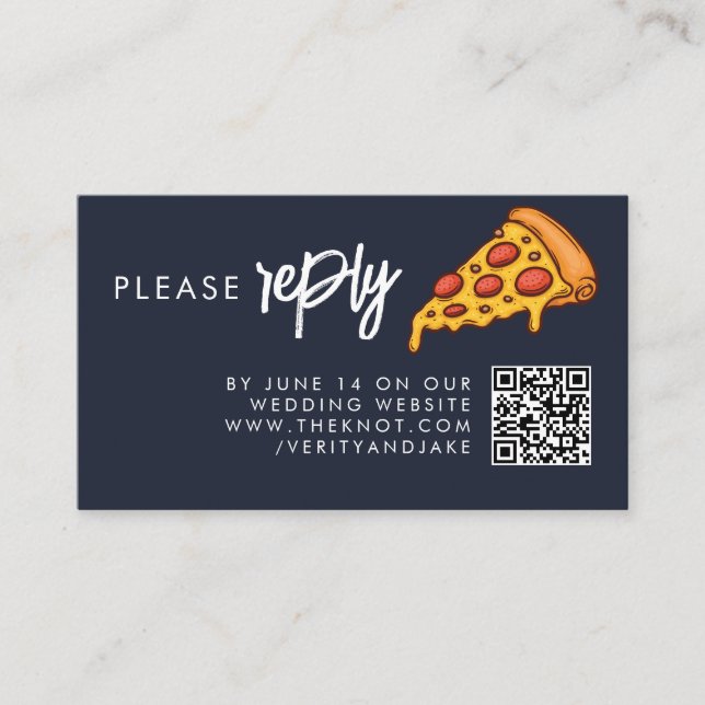 RSVP Navy Blue PIZZA Modern Minimal Chic Wedding Enclosure Card (Front)