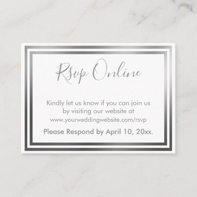 RSVP Online Simple Elegant Silver and White Enclosure Card (Front)