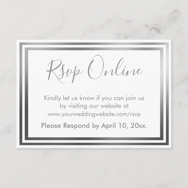 RSVP Online Simple Elegant Silver Tone and White Enclosure Card (Front)