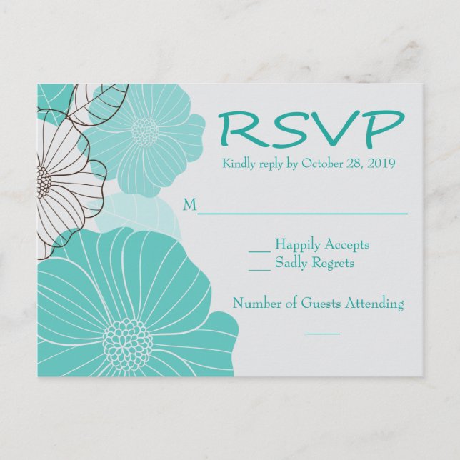 RSVP Party Floral Turquoise, Teal Wedding Flower Invitation Postcard (Front)