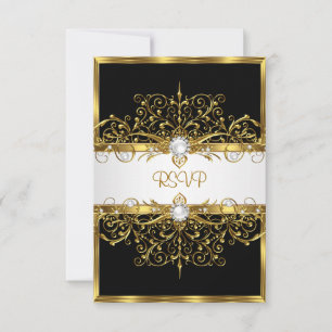 RSVP Pearls Black White Gold Birthday Party Card