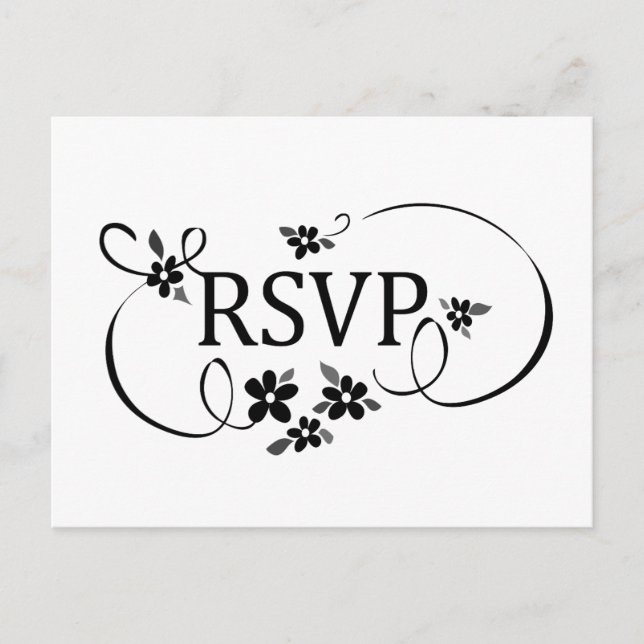 RSVP PostCard - Black & White Fancy Floral Scroll (Front)