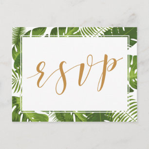 RSVP Postcard tropical gold and green wedding