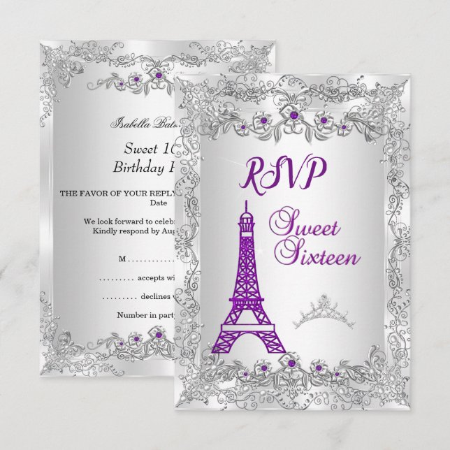 RSVP Princess Sweet 16 purple Silver Photo Party Invitation (Front/Back)
