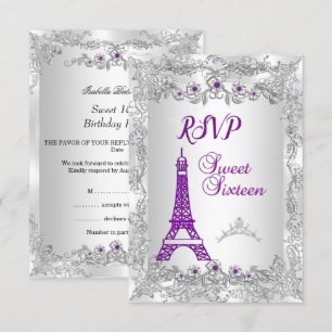 RSVP Princess Sweet 16 purple Silver Photo Party Invitation