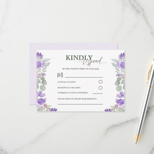 RSVP Purple Floral Watercolor Wedding   (Front/Back In Situ)