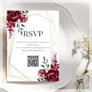RSVP QR Code   Burgundy   Marsala Red Floral  Enclosure Card