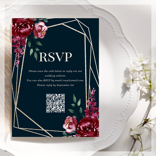 RSVP QR Code | Navy Blue | Burgundy Floral  Enclosure Card (Creator Uploaded)