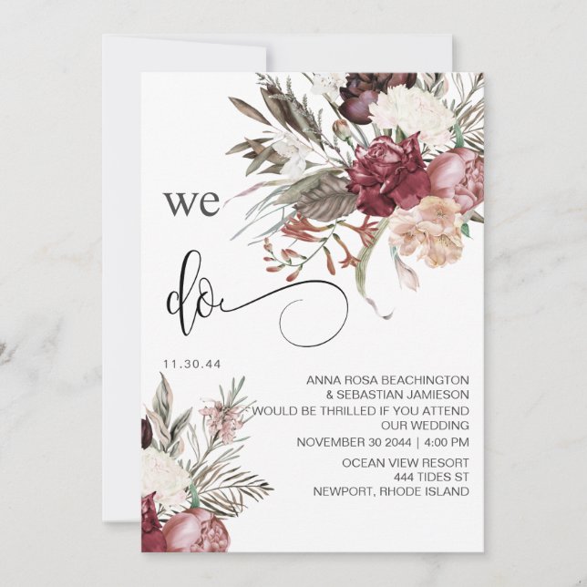 *~* RSVP QR Floral Burgundy Rose AR15 WEDDING Invitation (Front)