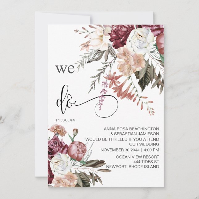 *~* RSVP QR Floral MERLOT Rose AR15 WEDDING Invitation (Front)