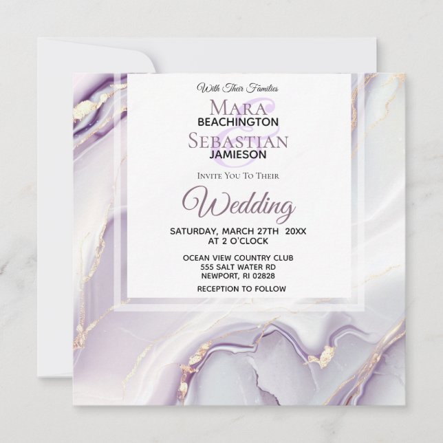 *~*  RSVP QR GOLD LAVENDER MARBLe AR66 Wedding Invitation (Front)