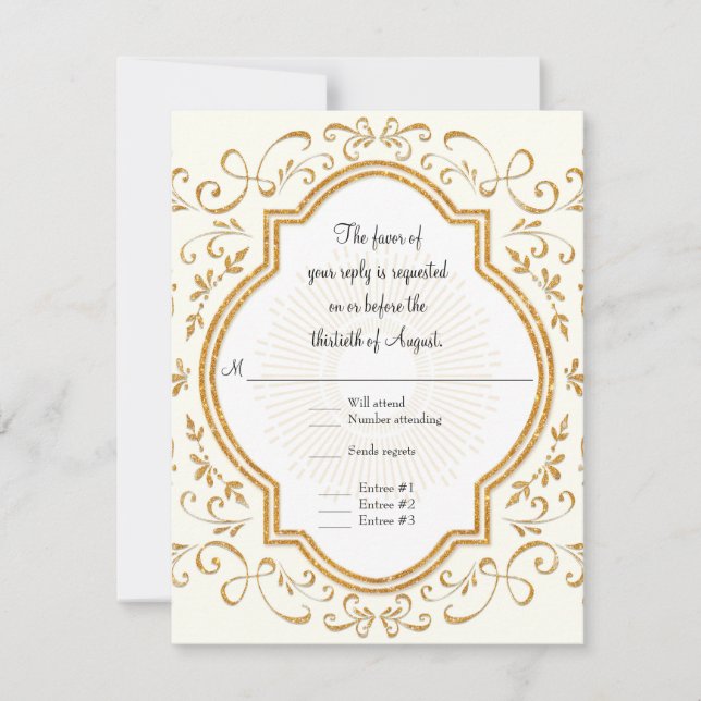RSVP Quatrefoil Frame Script Swirl Gold Glitter (Front)