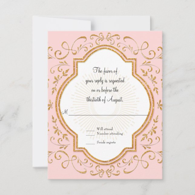RSVP Quatrefoil Frame Script Swirl Gold Glitter Card (Front)