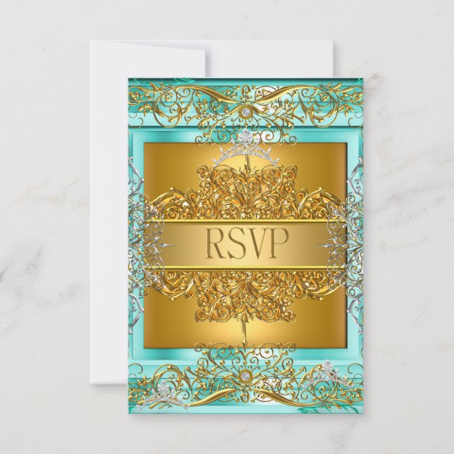 RSVP Quinceañera 15th Birthday Gold Teal Card (Front)