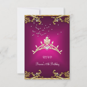 RSVP Quinceanera Birthday Pink Tiara Gold Diamond Card