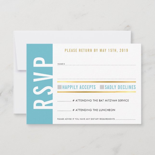 RSVP REPLY CARD cute turquoise white hearts gold (Front)