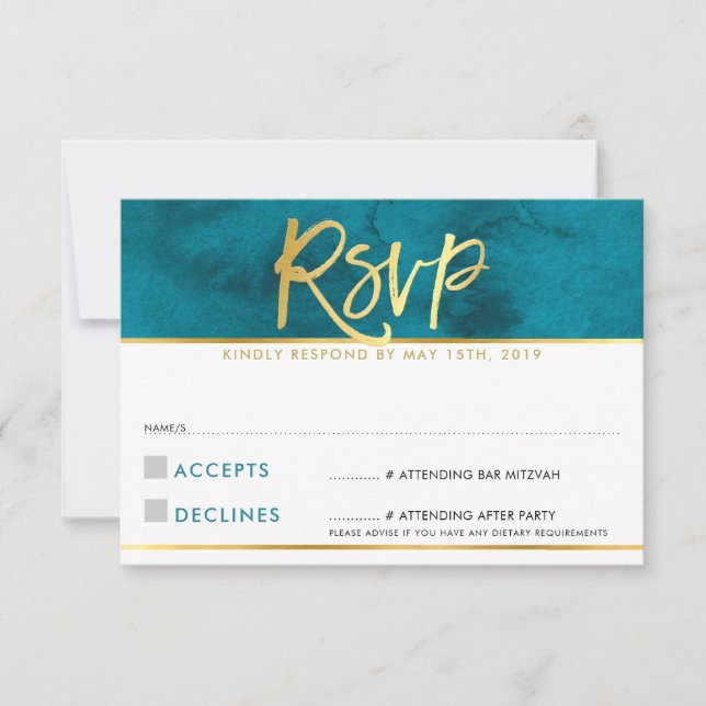 RSVP REPLY CARD modern teal blue gold script (Front)