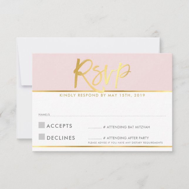 RSVP REPLY CARD pale blush pink gold script (Front)