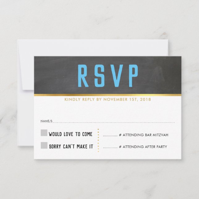 RSVP REPLY CARD smart bold gold chalkboard blue (Front)