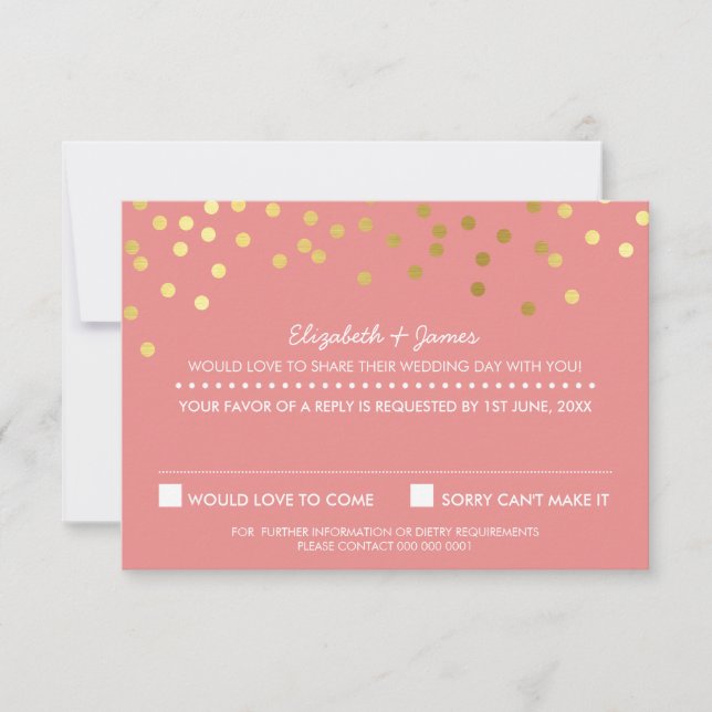 RSVP REPLY cute gold foil confetti response coral (Front)