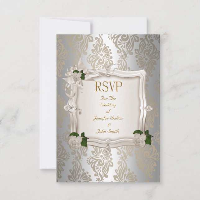 RSVP Reply Elegant Wedding Sepia Silver White Rose (Front)