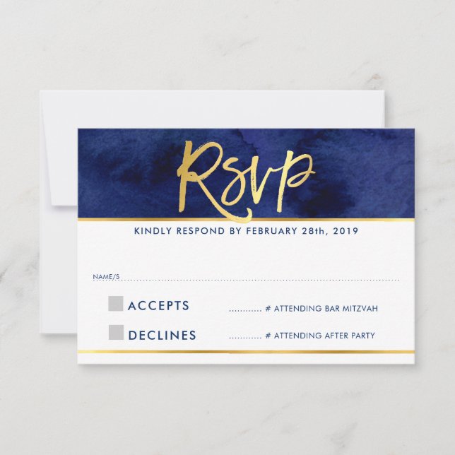 RSVP REPLY modern blue watercolor gold writing Card (Front)