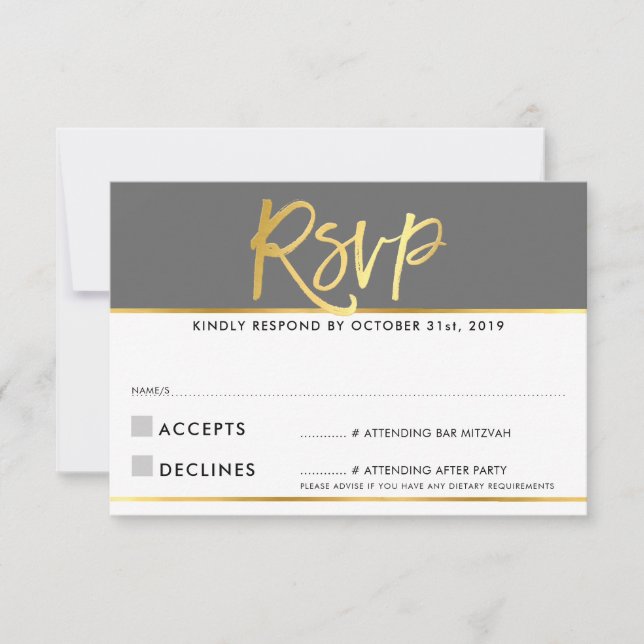 RSVP REPLY modern grey grey marble gold writing (Front)