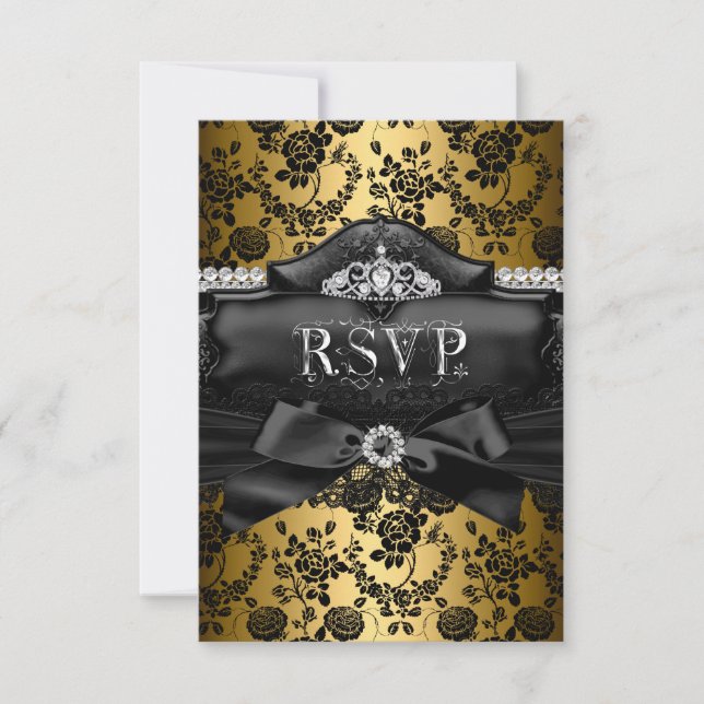 RSVP Reply Pretty Tiara & Bow Gold Sweet 16 (Front)