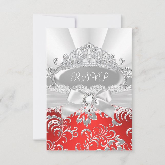 RSVP Reply Pretty Tiara & Bow Red Quinceañera (Front)